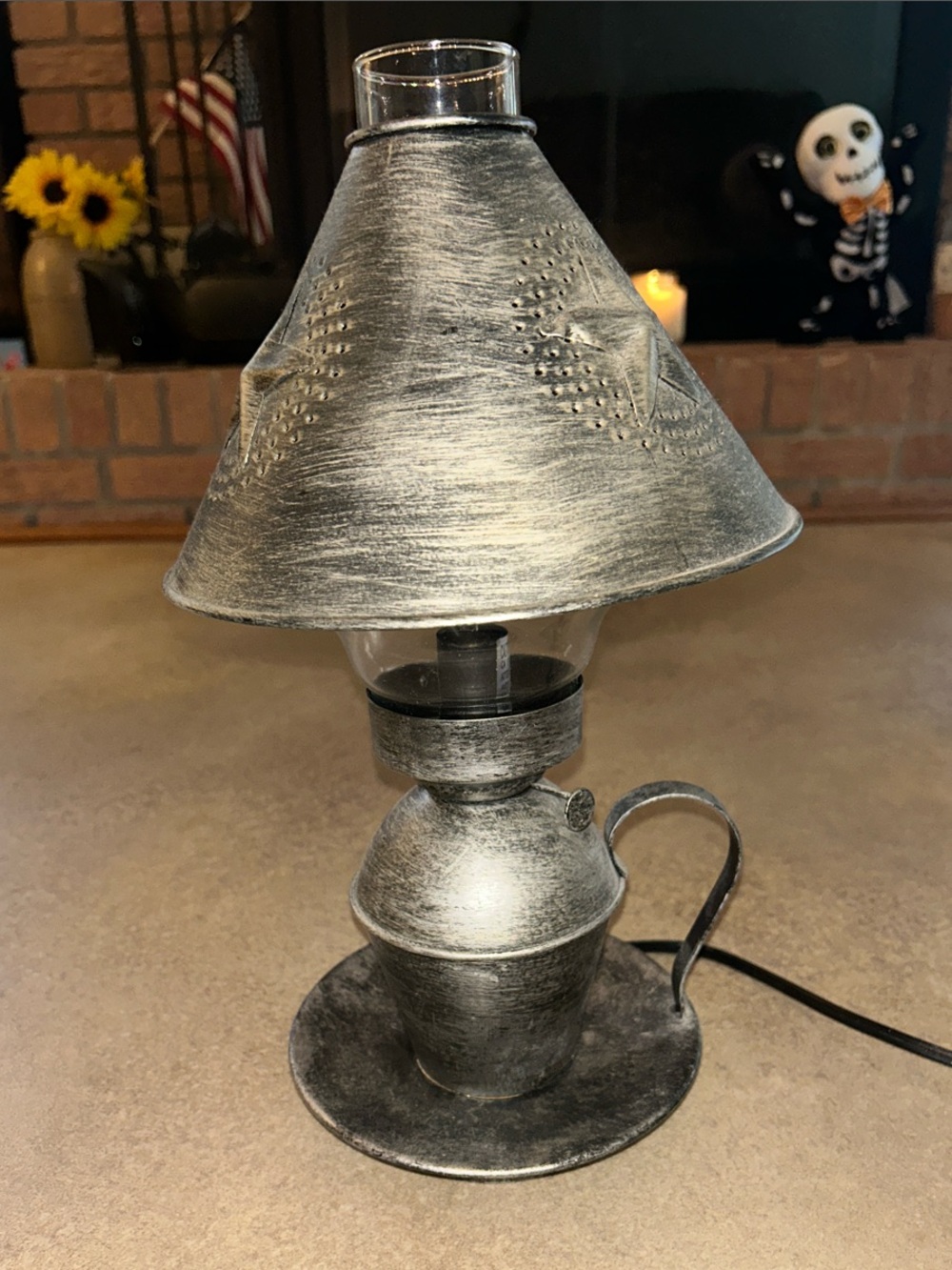 Rustic Tin Punched Table Lamp - Distressed Silver Finish, primitive feel.